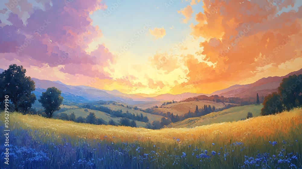 Landscape scene shown in three time frames; dawn with a gentle pink sunrise, noon with bright sunshine and fluffy clouds, and dusk with intense orange and violet hues, Landscape scene shown in three time frames; dawn with a gentle pink sunrise, noon with bright sunshine and fluffy clouds, and dusk with intense orange and violet hues,