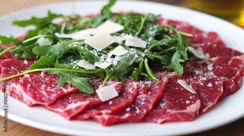 Italian beef carpaccio with thinly sliced beef, arugula, Parmesan shavings, and olive oil drizzle