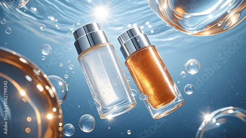 2 cosmetic bottles submerged under water mockup