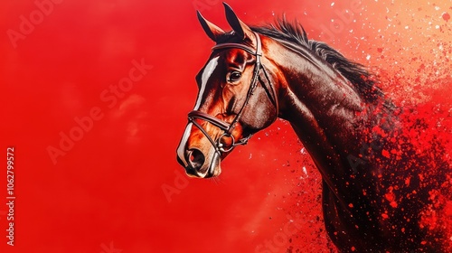 A majestic brown horse with a white stripe on its face, head and neck visible, set against a red background with an abstract, energetic splash effect. photo