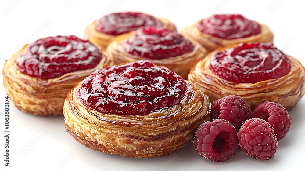 Fresh Raspberry Danish Pastries on White Background