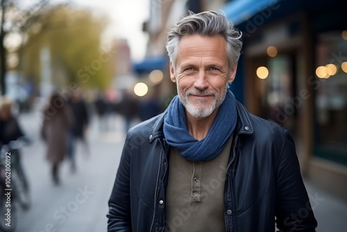 Portrait of handsome senior man with grey hair wearing black jacket and blue scarf