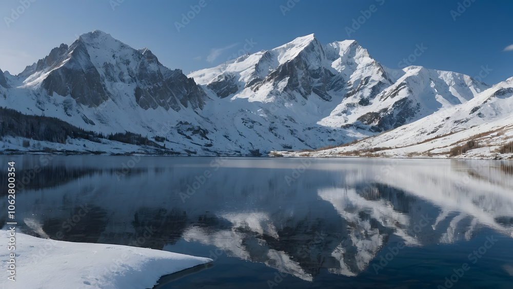 A majestic mountain range with snow-capped peaks reflects on a frozen lake. The clear winter sky and the contrast between the snow and the water create a stunning winter landscape. A majestic mountain range with snow-capped peaks reflects on a frozen lake. The clear winter sky and the contrast between the snow and the water create a stunning winter landscape.