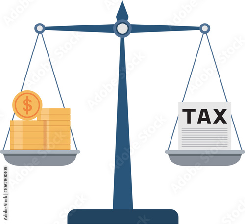 Scales imbalance with tax paper and cash money.
