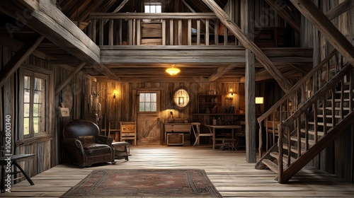 Rustic wooden cabin interior with a loft, wooden floors, a leather armchair, and a table with chairs.