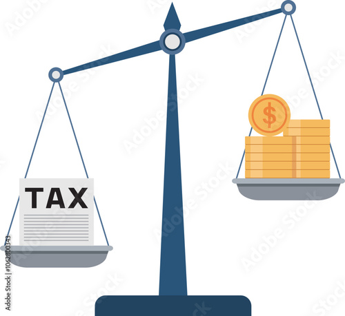 Scales imbalance with tax paper and cash money.