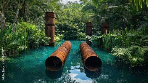 Rusting metal pipes submerged in a calm blue lagoon surrounded by lush green foliage.