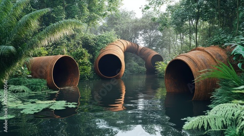 Rusty pipes emerge from a misty jungle pond.