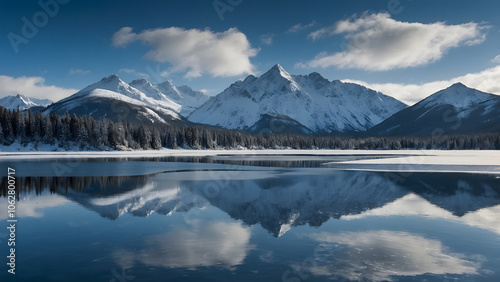 A majestic mountain range with snow-capped peaks reflects perfectly on a frozen lake. The clear blue sky and the contrast between the snow and the water create a stunning winter landscape. 