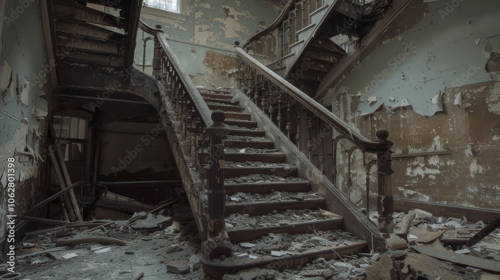 Staircase in an abandoned building, covered in debris, evoking a sense of desolation Staircase in an abandoned building, covered in debris, evoking a sense of desolation