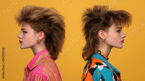 Two young women with spiky 80s hairstyles in colorful shirts, side profile, facing opposite directions, yellow background.