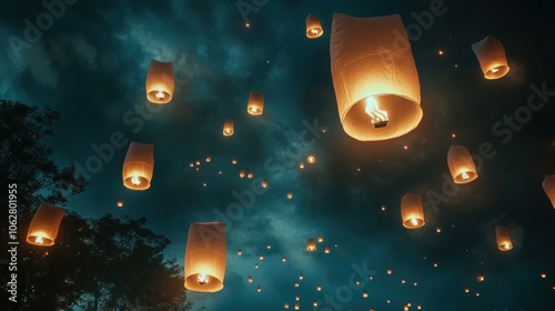 Hundreds of glowing sky lanterns float upwards into a dark, cloudy night sky.