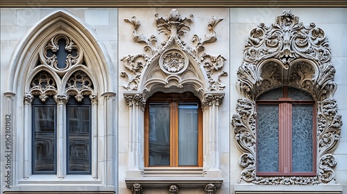 Three architectural periods in one triptych; left with Gothic stonework and pointed arches, middle with Rococo plasterwork and lavish decor, and right with post-modern abstract facades,