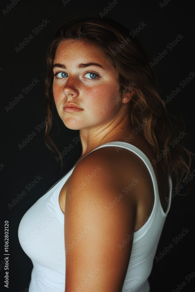 Portrait of 20 year old chubby caucasian white woman wearing a white tank top, standing isolated on a black background Portrait of 20 year old chubby caucasian white woman wearing a white tank top, standing isolated on a black background