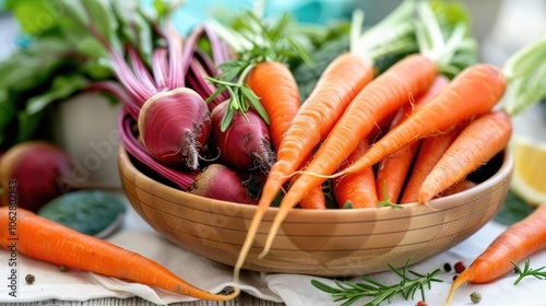A group of fresh vegetables, including carrots and beets, in a bowl sits on a white tablecloth atop a wooden table.
