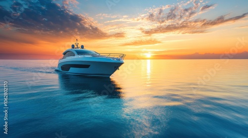 A white yacht sails on the calm blue sea at sunset. The sun is setting in the background, casting a golden glow over the water.