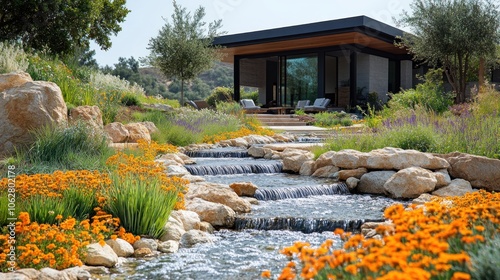 Modern house surrounded by vibrant flowers and a tranquil stream.