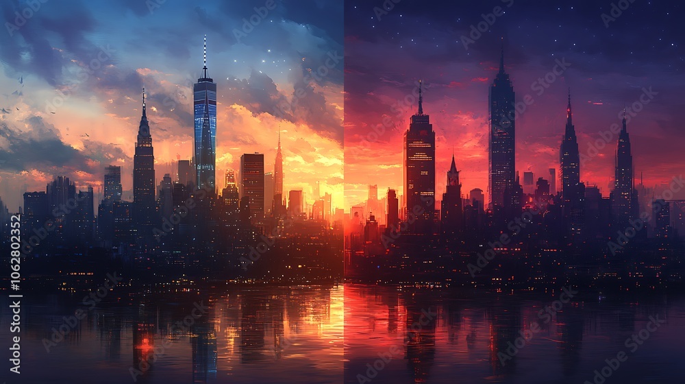 Fototapeta premium Three stages of city life from dawn to dusk; first panel shows a quiet dawn with gentle light, middle with bustling midday brightness, and third with the calm of sunset,