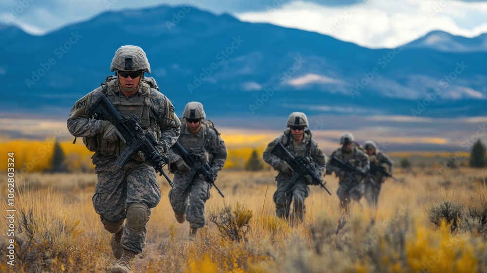 A group of soldiers in camouflage gear run through a field, with a mountain range in the background.