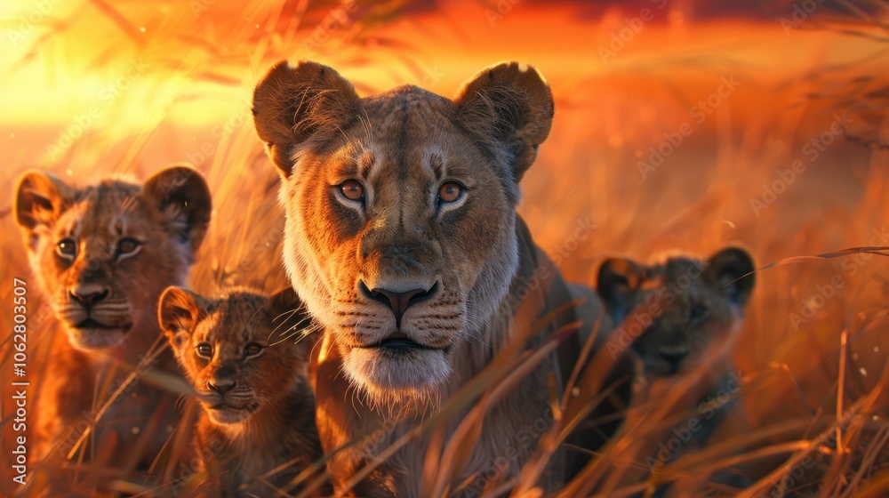 Naklejka premium Lion Family in the African Savanna
