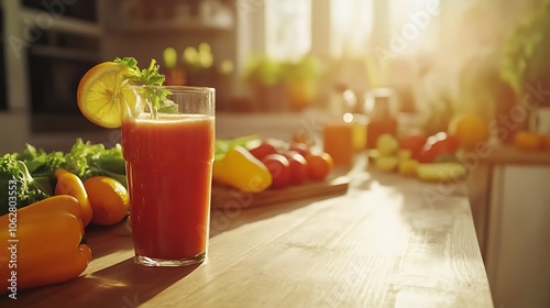 A refreshing glass of juice sits on a wooden table, surrounded by vibrant vegetables, bathed in warm sunlight. photo