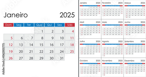 Calendar 2025 on Portuguese language, week start on Sunday.