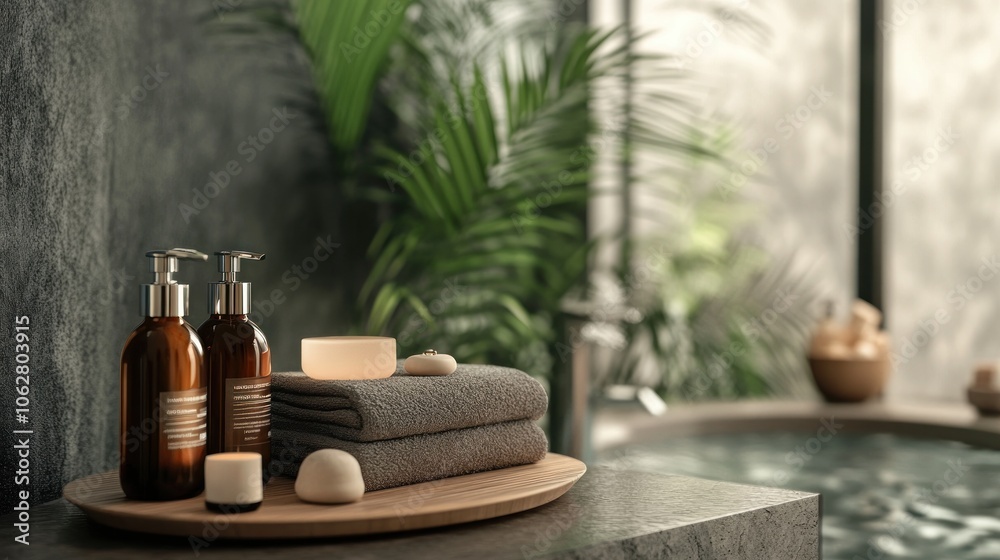 A wooden tray with two bottles of lotion, two candles, and a stack of towels sits on the edge of a bathtub with a plant in the background. A wooden tray with two bottles of lotion, two candles, and a stack of towels sits on the edge of a bathtub with a plant in the background.