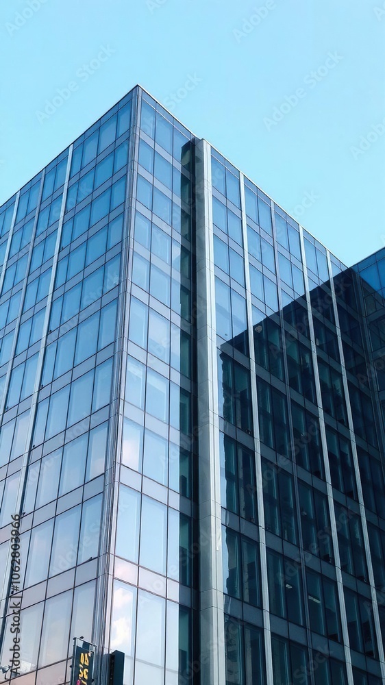 Modern office building with reflective glass windows against a clear blue sky, blue, office park, commercial Modern office building with reflective glass windows against a clear blue sky, blue, office park, commercial