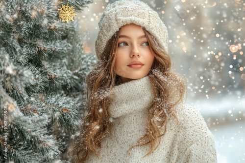 Young woman wearing white hat and sweater stands in front of Christmas tree