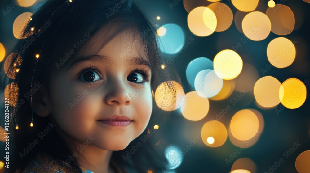 A young girl with twinkling lights in her hair looks at the camera with a curious expression.
