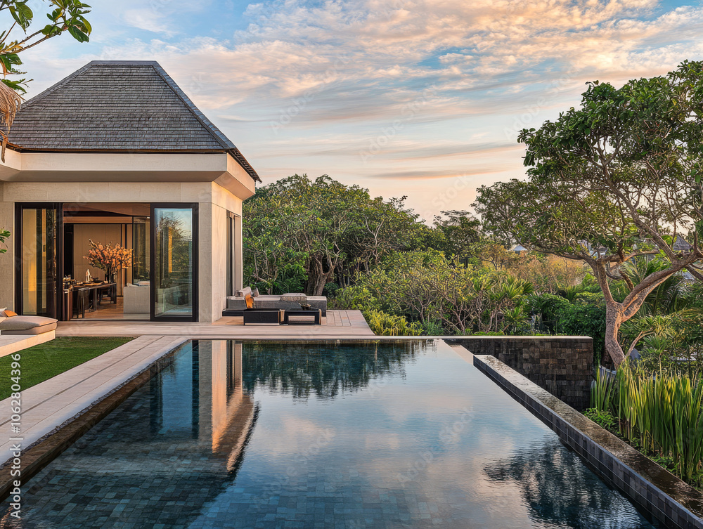 Obraz premium Luxury villa with infinity pool overlooking lush greenery during sunset in a tropical paradise