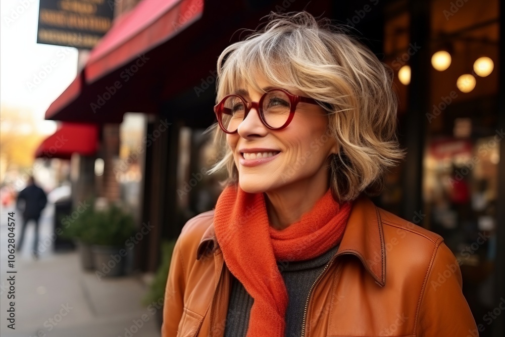 Portrait of a beautiful mature woman wearing red glasses in the city Portrait of a beautiful mature woman wearing red glasses in the city
