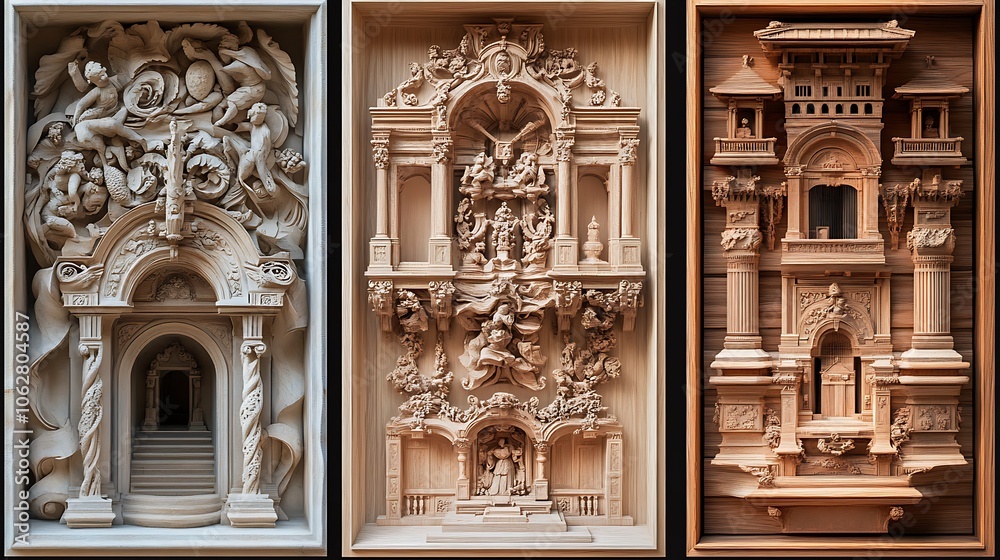 Fototapeta premium Three-panel display of architectural details; intricate Romanesque stone carvings in the first, ornate Victorian embellishments in the middle,