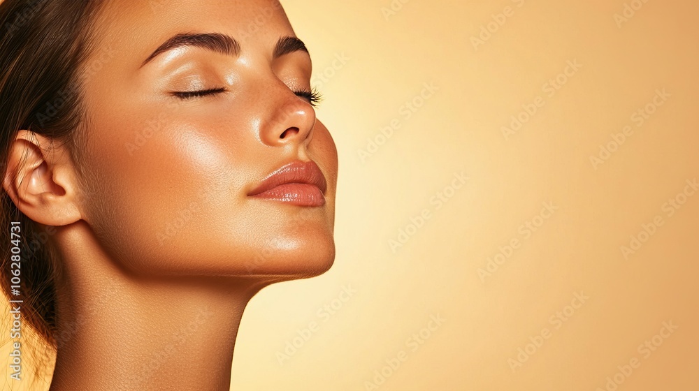 A serene close-up of a woman with glowing skin, eyes closed, enjoying a moment of calm against a warm, golden backdrop. A serene close-up of a woman with glowing skin, eyes closed, enjoying a moment of calm against a warm, golden backdrop.