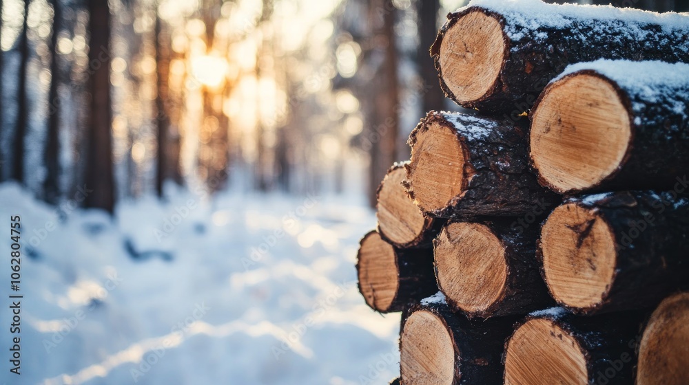 Stack of firewood logs in snowy forest with sunset. Stack of firewood logs in snowy forest with sunset.