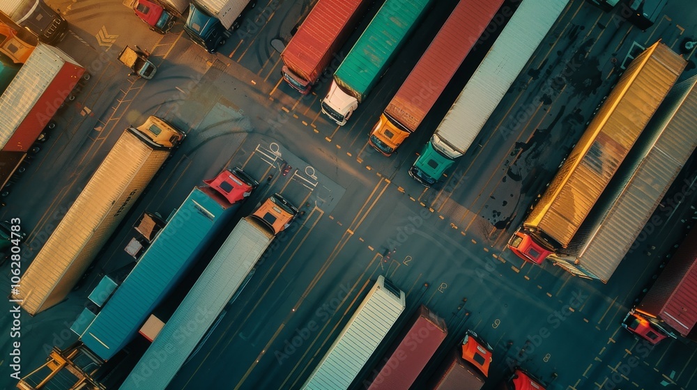 Aerial view of a bustling logistics center with trucks loading and unloading cargo, showcasing the efficient flow of goods Aerial view of a bustling logistics center with trucks loading and unloading cargo, showcasing the efficient flow of goods