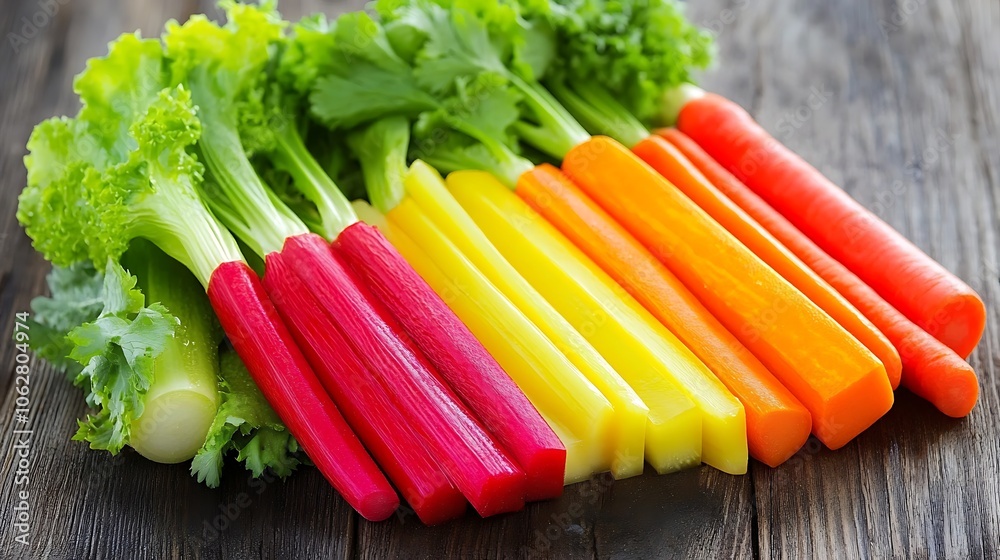 A vibrant arrangement of colorful carrots and fresh greens, showcasing various hues and textures, perfect for a healthy meal or a fresh salad. A vibrant arrangement of colorful carrots and fresh greens, showcasing various hues and textures, perfect for a healthy meal or a fresh salad.