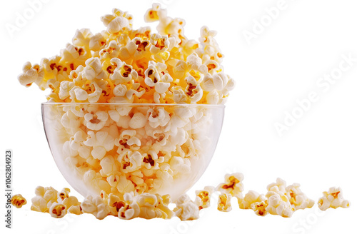 3D rendering of fresh buttery popcorn pieces scattered and isolated on transparent background for food media photo