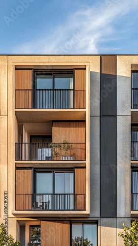 Modern residential building with wooden balconies in a blue sky setting during the afternoon