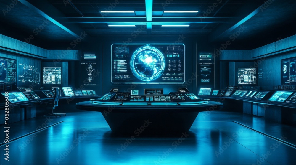 A futuristic control room showcasing advanced technology. A futuristic control room showcasing advanced technology.
