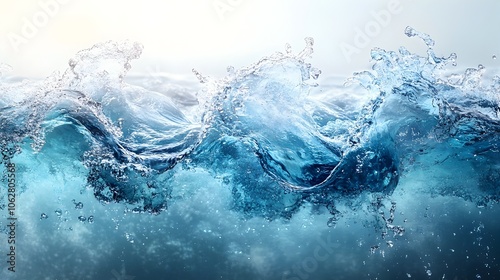 Dynamic image of a powerful,blue ocean wave crashing and surging with splashing foam,water motion,and turbulent flow. Concept of the raw energy and force of nature in a coastal,marine environment.