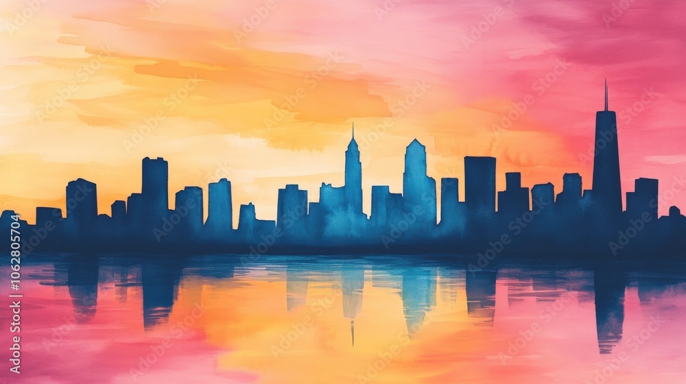 Fototapeta premium Vibrant watercolor skyline at sunset with reflections