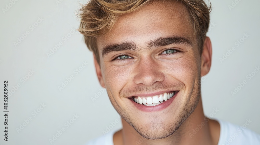 Close-up portrait of a young man smiling with white teeth against a light grey background. Close-up portrait of a young man smiling with white teeth against a light grey background.