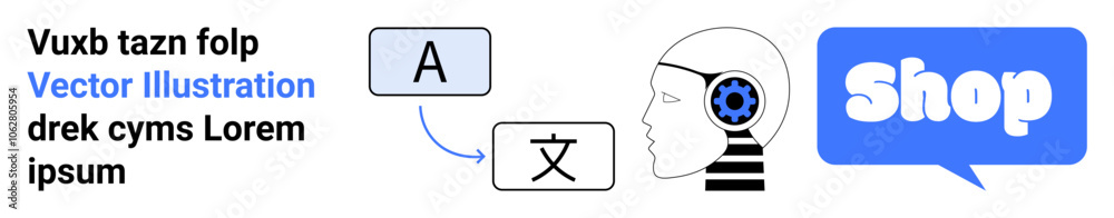 Depicts translation of text, AI technology with human silhouette and gears, and shop speech bubble. Ideal for e-commerce, language translation, AI technology, online shopping, innovation. Banner