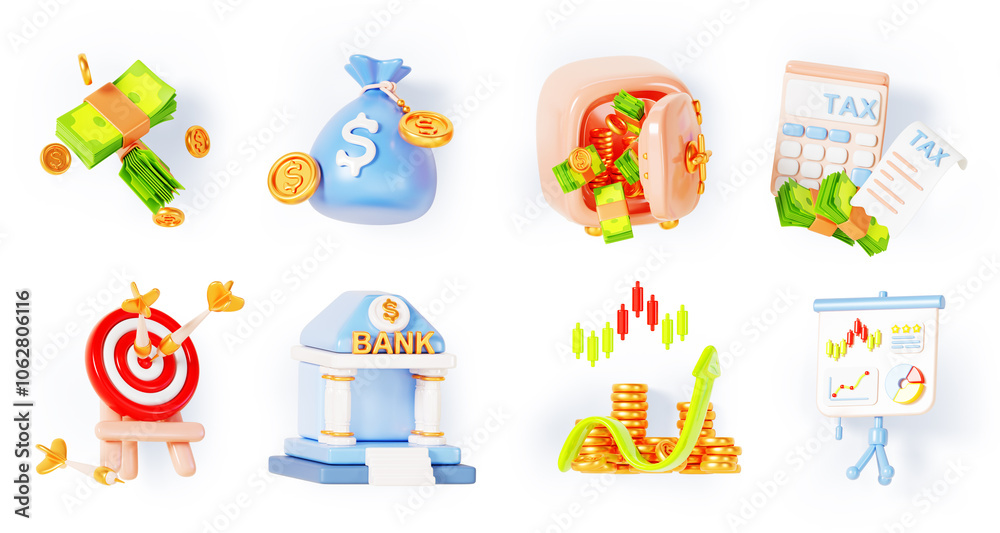 Fototapeta premium Business and finance 3d render icon set. Isolated bank building exterior, target, money bag, tax calculator, payment bill, white board with growth graph, safe box with coin and cash. 3D illustration