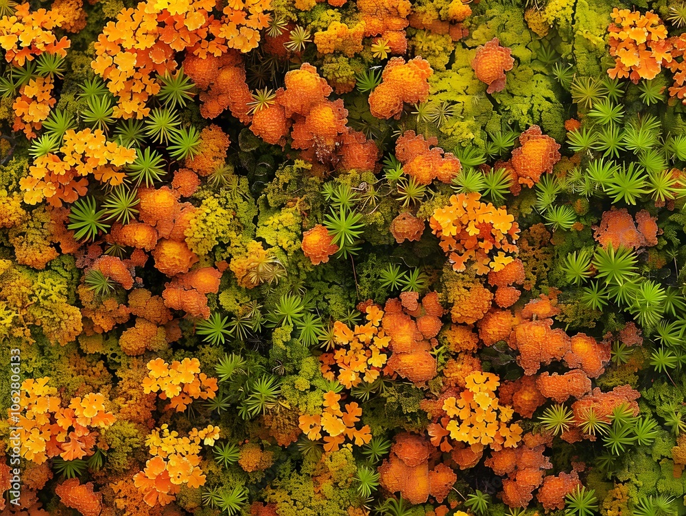 A vibrant display of orange and green moss and flowers, showcasing natural beauty.