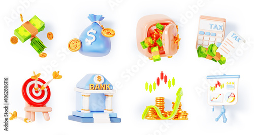 Business and finance 3d render icon set. Isolated bank building exterior, target, money bag, tax calculator, payment bill, white board with growth graph, safe box with coin and cash. 3D illustration