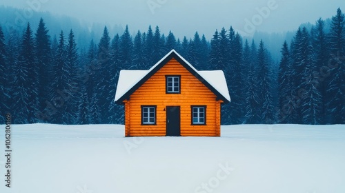 Explore the tranquil beauty of a snow-covered house nestled among pine trees in winter wonderland