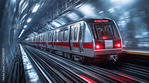 A modern subway train speeds through a tunnel, its sleek design and bright lights contrasting with the darkness.