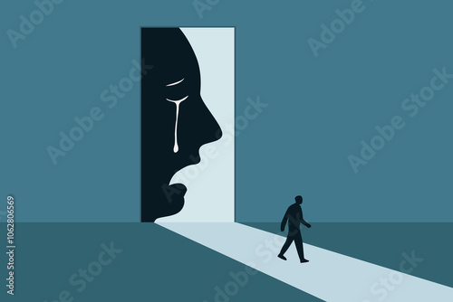 freedom concept, new life start , beginning opportunity . dark silhouette man - businessman walking out of door. leaving a crying sad face.
